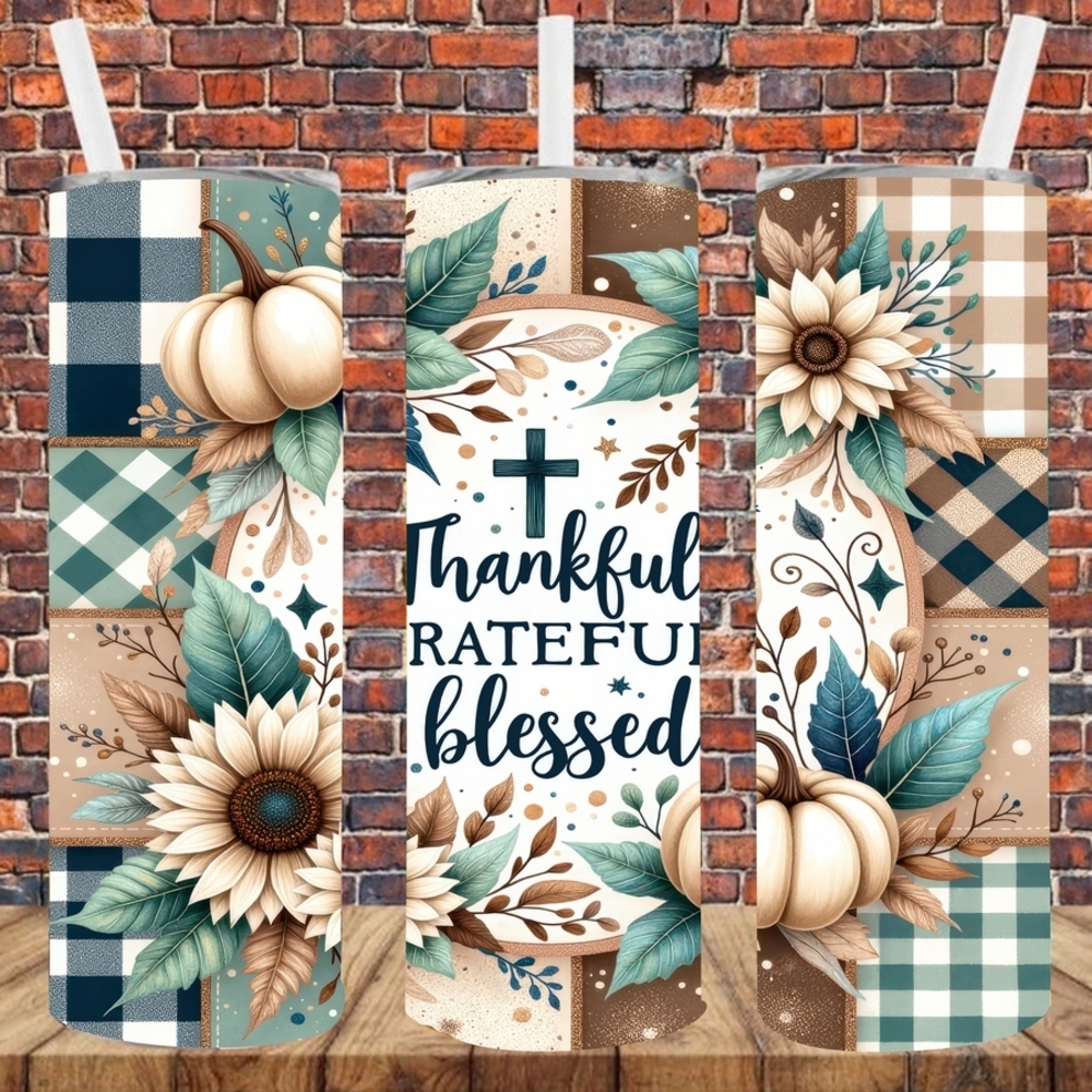Sublimation Blue and Gold Inspirational Tumbler Thankful, Grateful Blessed